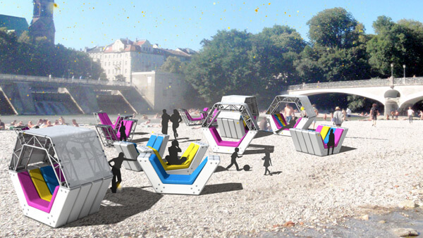 Kulturstrand Isarlust - Modulares System öffentlicher temporärer Räume | 3D-Animation & Compositing | Kamera-, Objekt- und Partikelanimation (Auftraggeber: Elena Rodas)