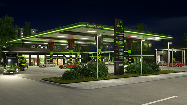 Architekturvisualisierung: Tankstelle Nachtansicht | Exterior