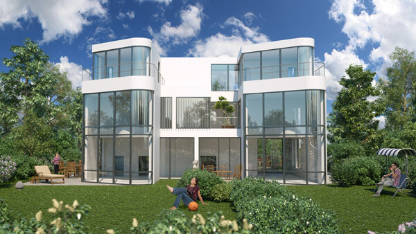 Architekturvisualisierung: Modernes Doppelhaus (Ansicht von hinten / Exterior)